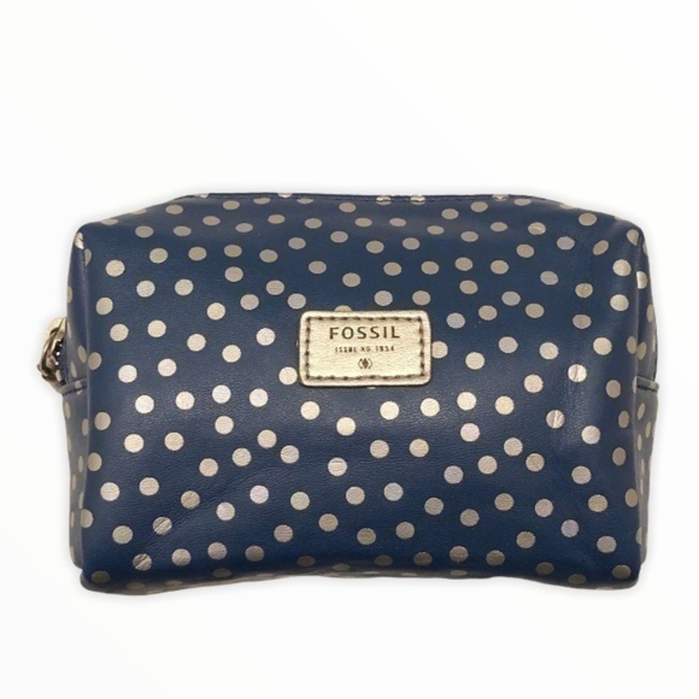 Fossil blue silver polka dot cosmetic case bag